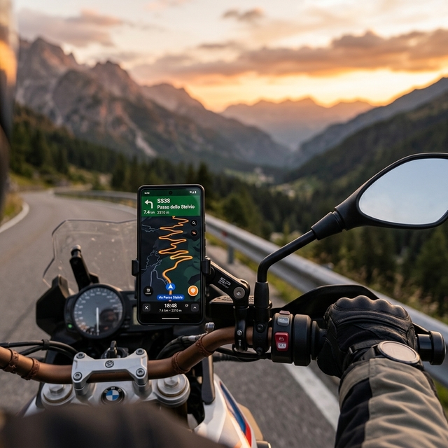 Smartphone con app de navegación GPS montado en manillar de moto