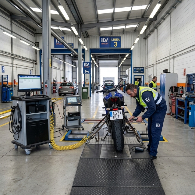 Moto en estación ITV durante inspección técnica
