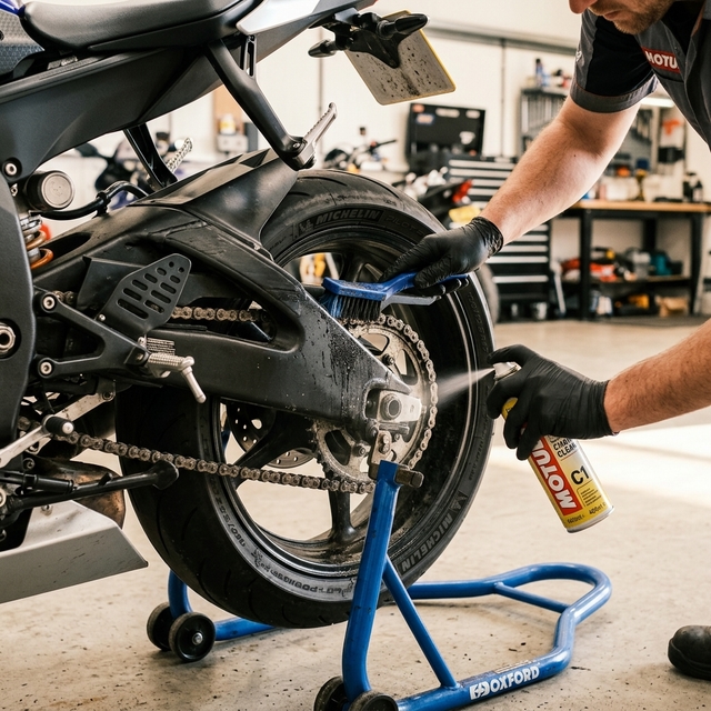 Limpieza de cadena de moto con cepillo y spray en taller
