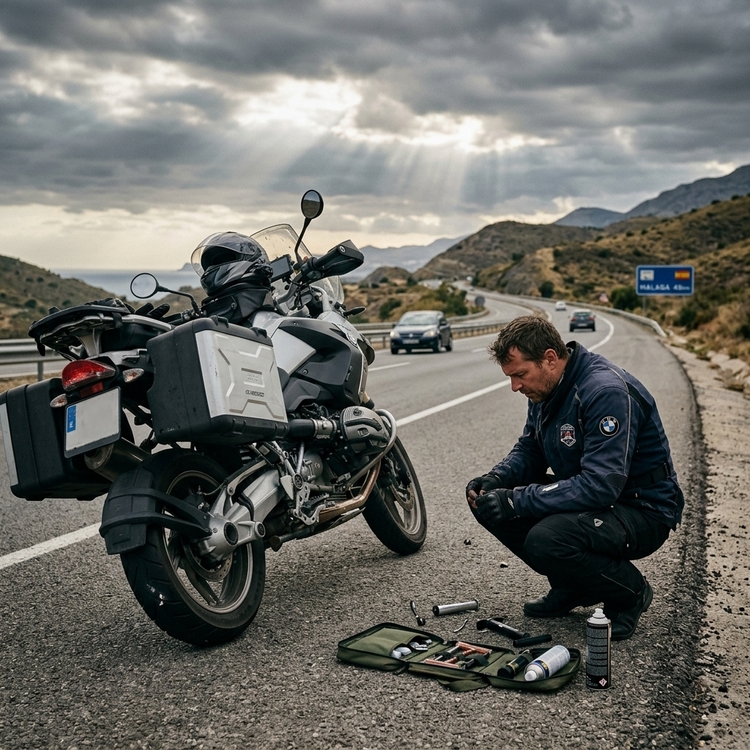 Motorista reparando pinchazo en el arcén de una carretera