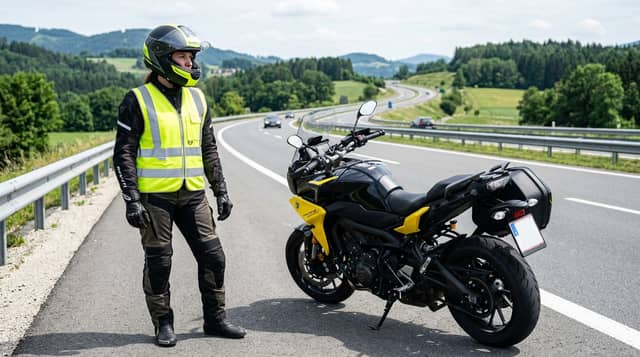 Motorista con chaleco reflectante amarillo homologado DGT en carretera