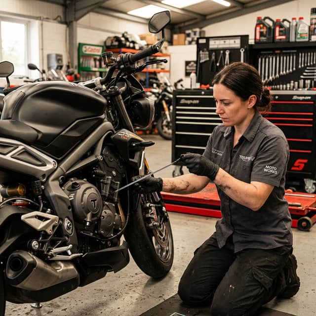 Mecánico realizando mantenimiento básico de moto en taller