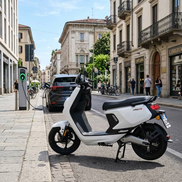 Moto eléctrica equivalente a 125cc en blanco aparcada en calle urbana europea junto a punto de carga