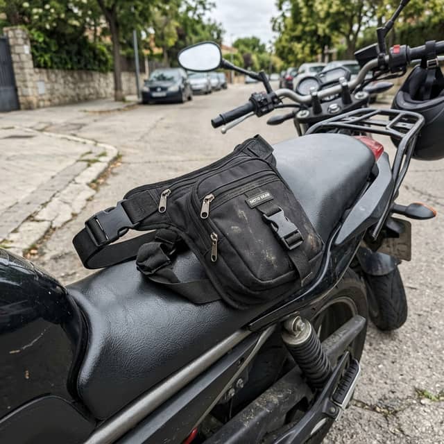 Persona usando una riñonera bolsa de pierna en la moto