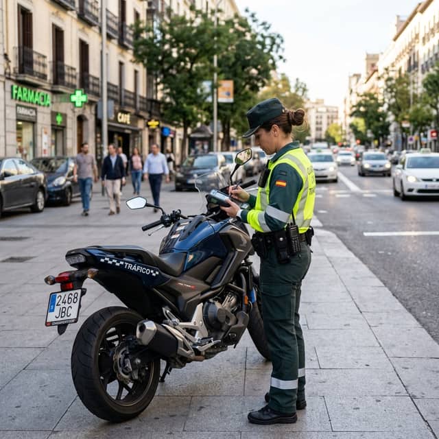 Policía poniendo multa a moto estacionada en ciudad