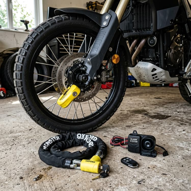 Sistema antirrobo de moto con candado de disco amarillo, cadena reforzada y alarma electrónica