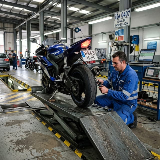 Técnico realizando inspección ITV de moto en estación española