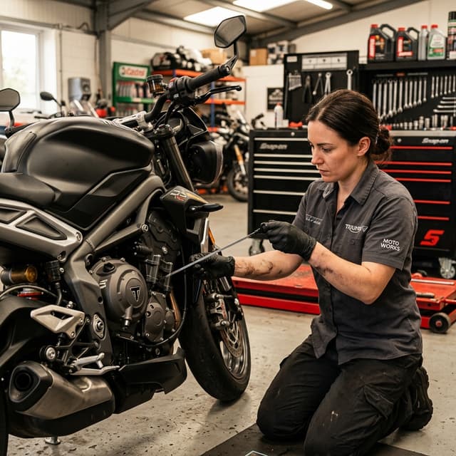 Mecánico realizando mantenimiento básico de moto en taller