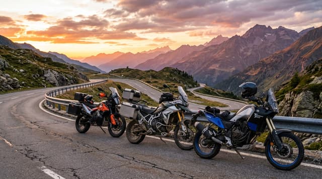 Comparativa de motos trail A2 en carretera de montaña durante la puesta de sol