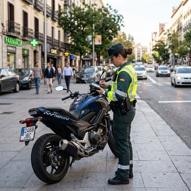 Policía poniendo multa a moto estacionada en ciudad