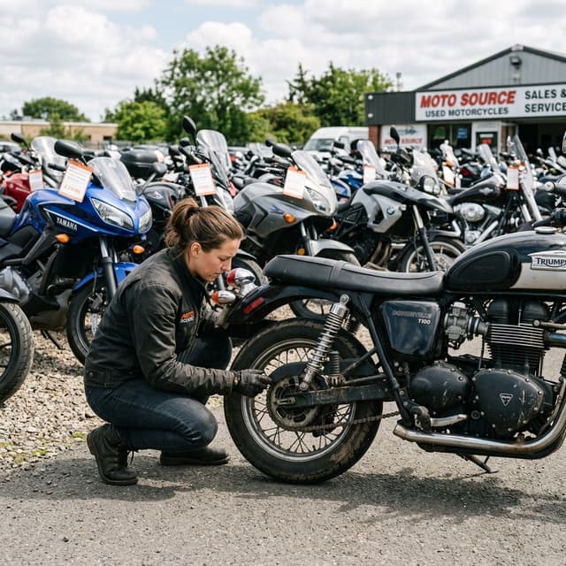 Persona revisando moto de segunda mano en concesionario