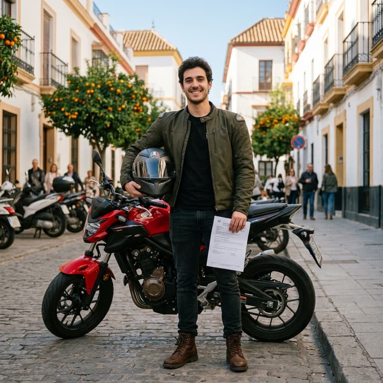 Joven motero español junto a su moto con documentación de seguro