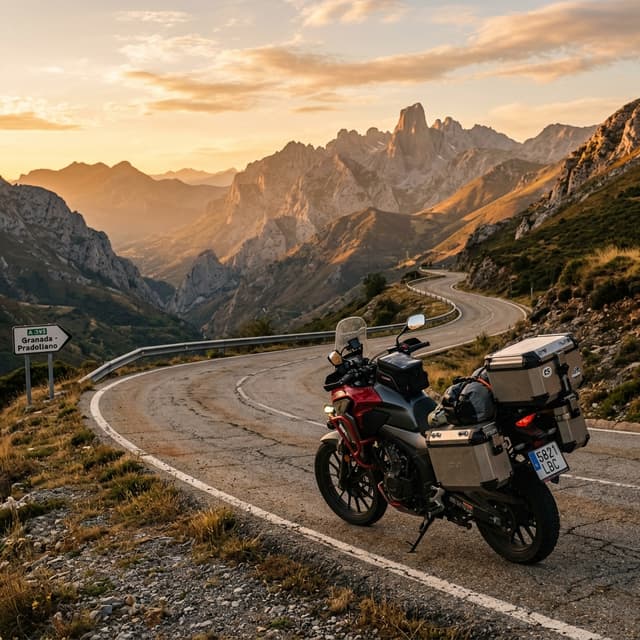 Moto trail adventure aparcada en carretera de montaña en España