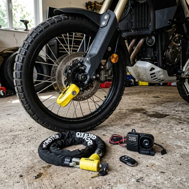 Sistema antirrobo de moto con candado de disco amarillo, cadena reforzada y alarma electrónica