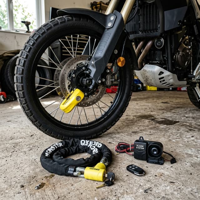 Sistema antirrobo de moto con candado de disco amarillo, cadena reforzada y alarma electrónica