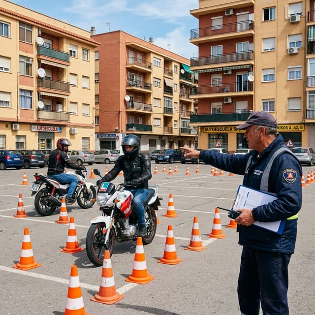 Estudiante con moto en pista de autoescuela en Granada preparándose para el carnet A2
