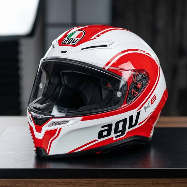 Casco integral AGV en blanco y rojo sobre superficie oscura, fotografía profesional de producto