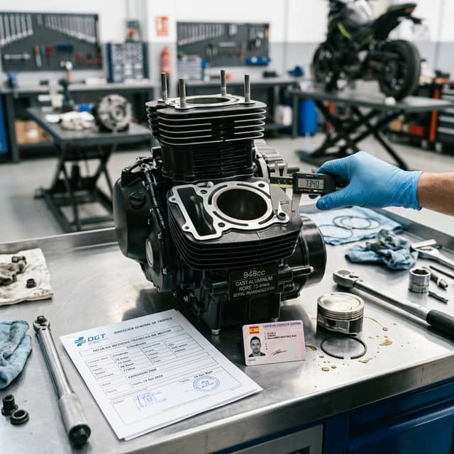 Motor de moto con documentación DGT del carnet A2 sobre banco de taller