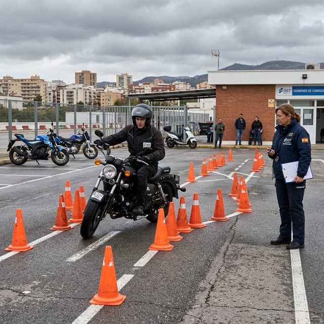 Alumno realizando examen de moto en pista DGT con conos naranjas