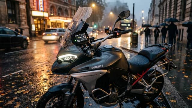 Motocicleta trail equipada para lluvia y asfalto mojado en ciudad en otoño e invierno