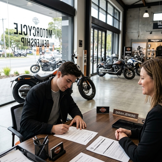 Joven firmando financiación de moto en concesionario