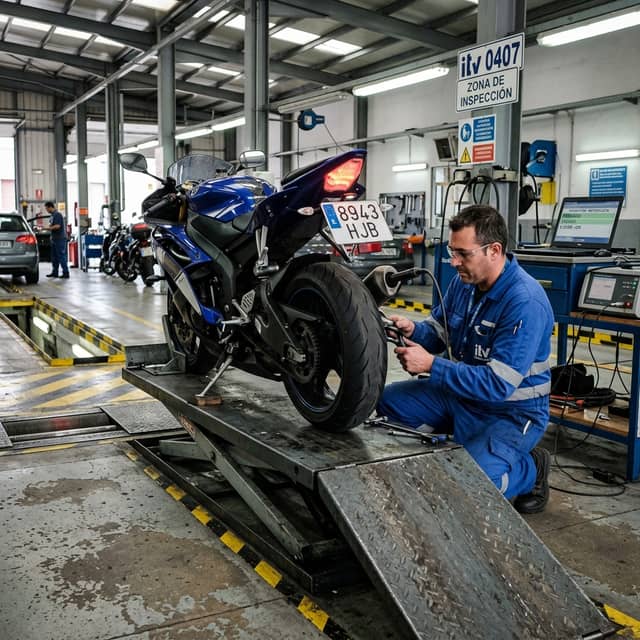 Técnico realizando inspección ITV de moto en estación española