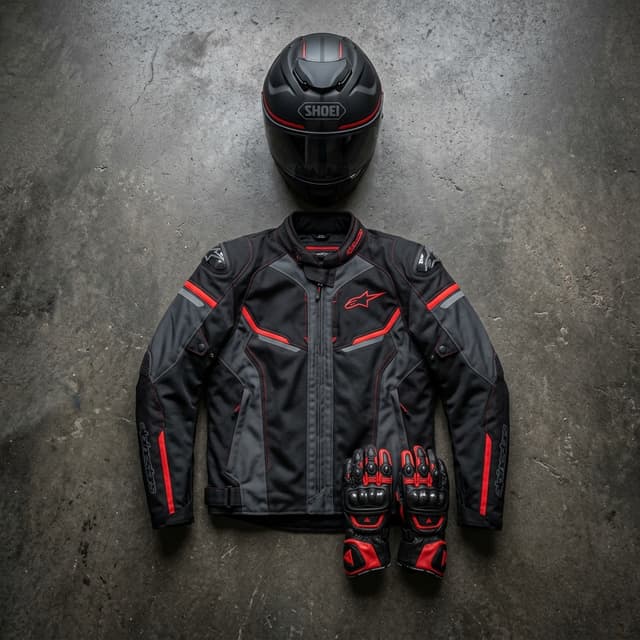 Equipación de moto con casco integral negro, guantes de cuero y chaqueta sobre superficie de hormigón