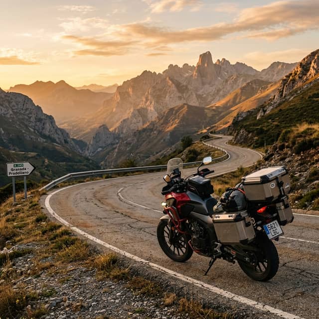 Moto trail adventure aparcada en carretera de montaña en España